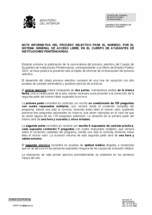 Nota Informativa - Cambio en el examen de Ayudantes Instituciones Penitenciarias